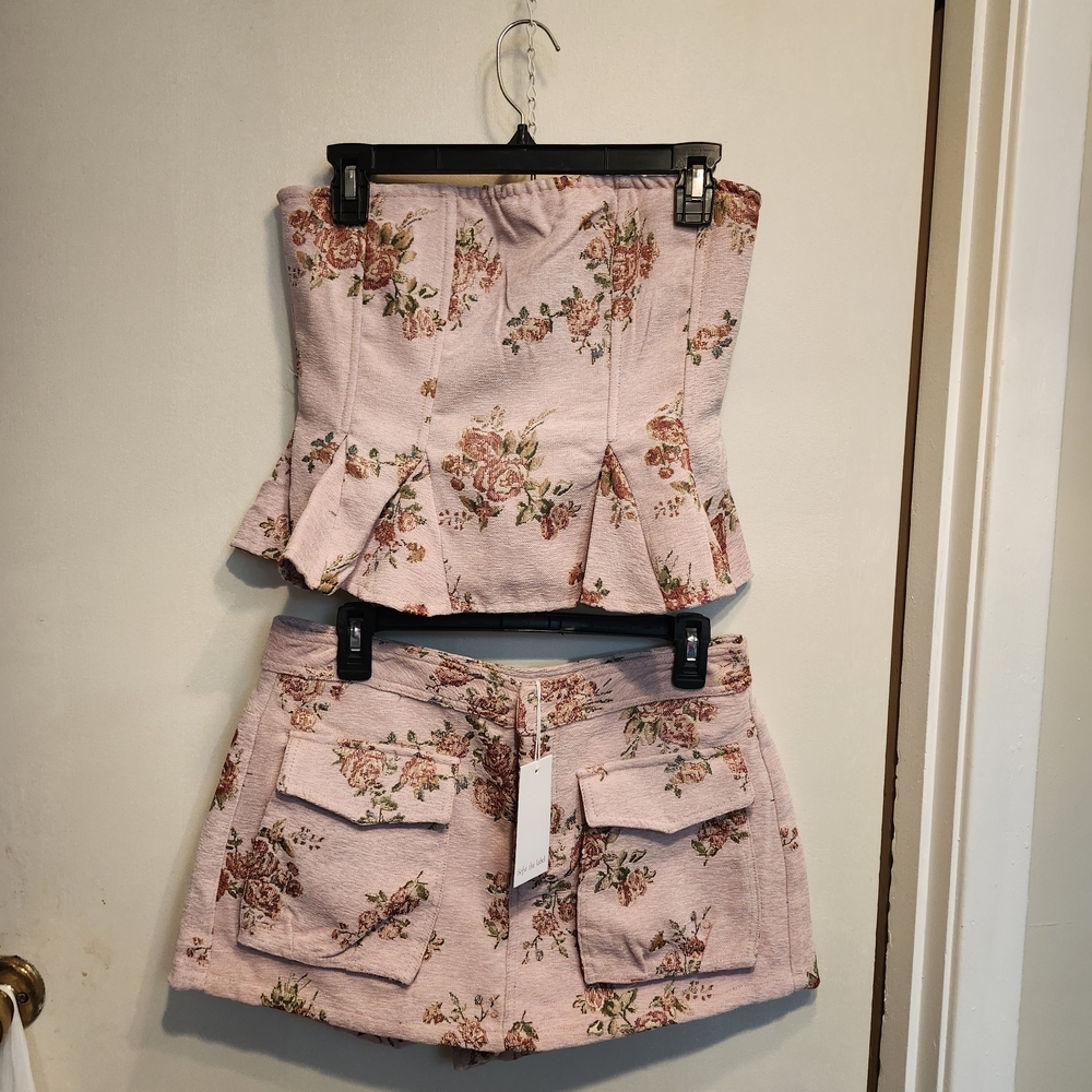 Floral Peplum Corset Top and Pocket Mini Shorts Set - Pink Floral